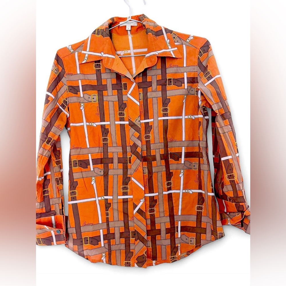 Burberry London NWOT Orange Belt-Print Button-up, Size Small